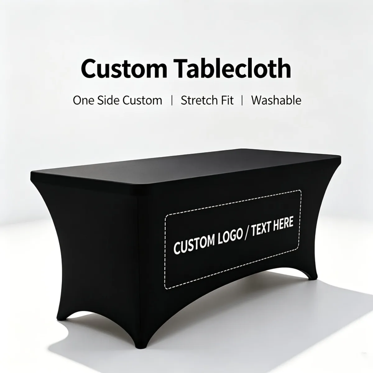 Custom Logo Tablecloth Black Stretch Fitted Table Cover for 4FT 6FT 8FT Folding Tables Trade Show Booth