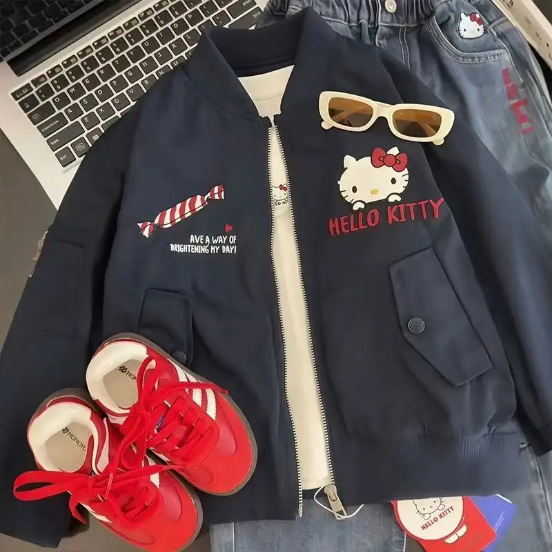 

Новое весенне-осеннее пальто Sanrio Hello Kitty для девочек, детская ветрозащитная куртка в западном стиле с мультяшным рисунком, удобная классическая модель на молнии