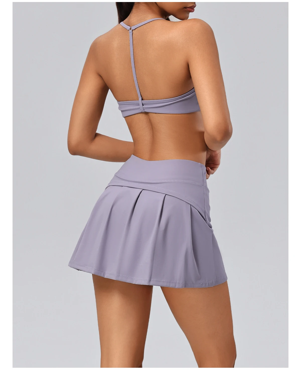Hearuisavy Damen 2-teiliges Fitness-Set: Hochtaillierte Yoga-Caprihose mit weitem Bein, Push-Up-Sport-BH, schnelltrocknender Tennisrock für das Fitnessstudio. – Detail 28