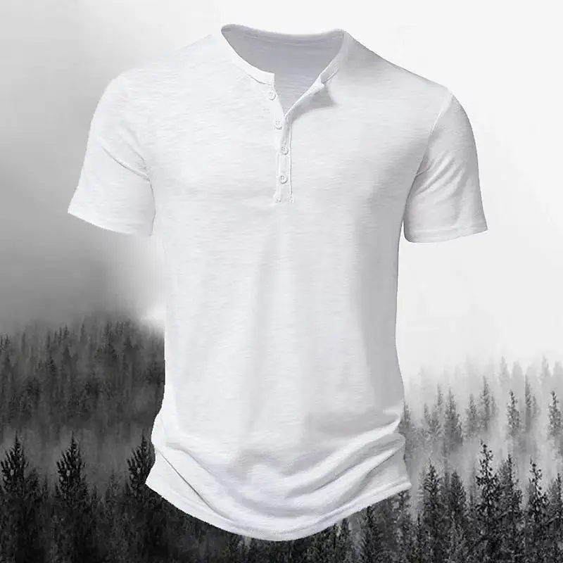 New Henley Collar Summer Men Casual Solid Color Short Sleeve T Shirt for Men Polo men High
