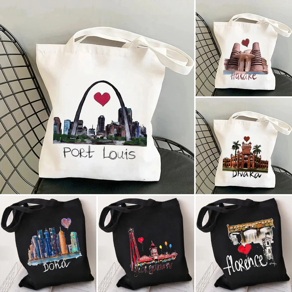 

Riga Rovinj San Marino Santiago Seoul Tallinn Watercolor Painting Women Canvas Shopper Cotton Tote Bag Shopping Shoulder Handbag