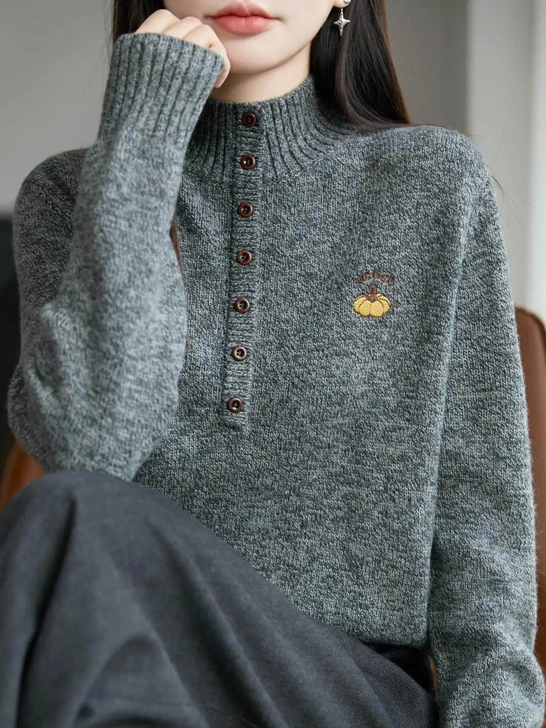 

Casual Sle Long Sve Knitted Sweater Women's Base Layer irt Versatile Multi-Button Pullover Soft Cozy Wine Red Color