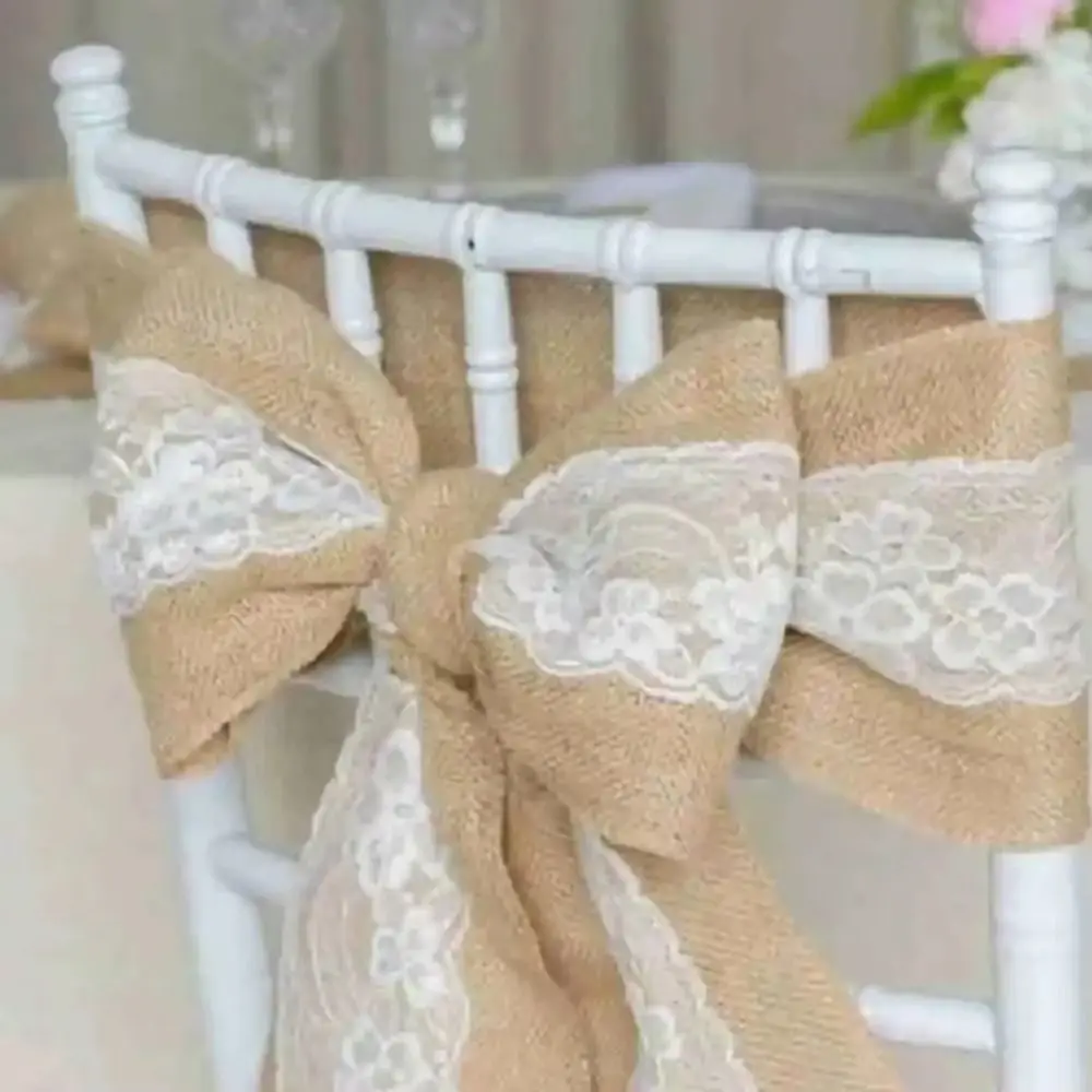 Vintage Burlap Chair Bow 15cm Handmade Lace Seat Back Strap DIY Craft Classic Lace Cotton Chair Backrest Gift Box Packaging