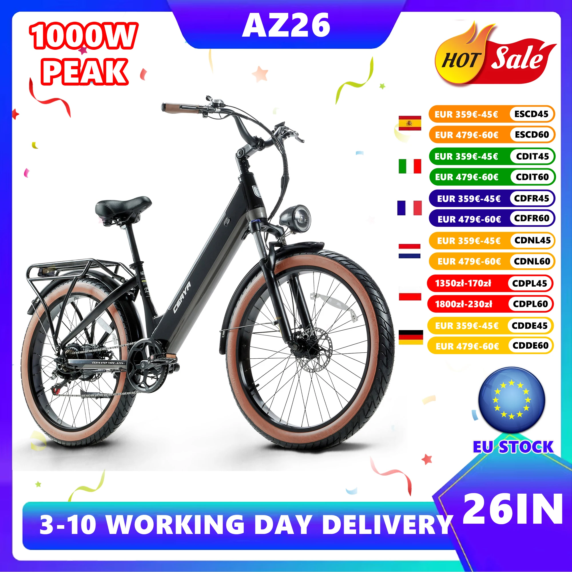 Vélo électrique CEAYA AZ26 EBIKE à pneus larges, vélo électrique de ville, batterie 48V 20AH, vélo électrique de montagne PEAK 1000W, vélo électrique de randonnée