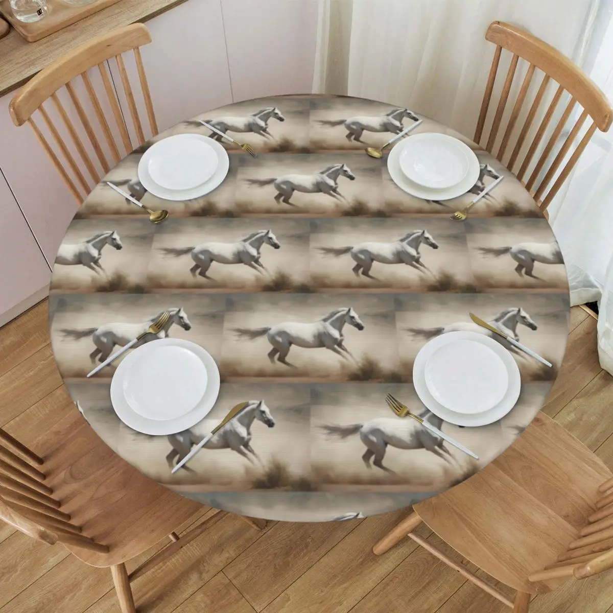 Horse Galloping In The Desert Illustration Waterproof Round Tablecloth Oilproof Table Cloth Kitchen Events Dining Table Cover