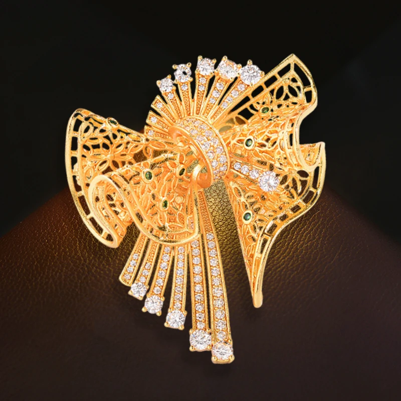 OKILY Retro Holloow Wrinkle Design Bow Brooch High-end Micro-inlaid Zirconium Exquisite Bowknot Corsage for Women Pins Accessori