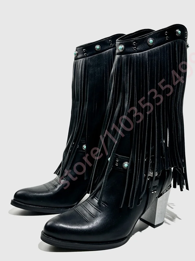 

Black Retro Women's Pointed Toe Tassel Ankle Boots Chunky Heel Y2K Party Casual Western Style for Autumn 2025