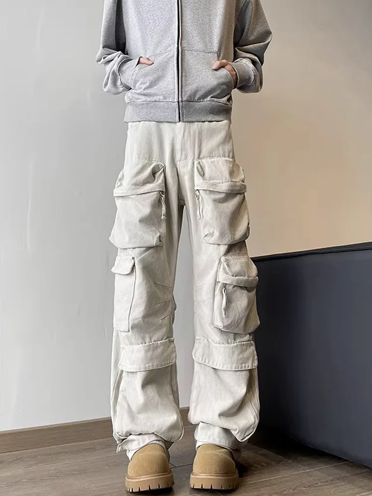 

Jiang Jin Fu Men's American Sle Autumn Winter Wide Leg Workwear Pants Multiple kets CleanFit Casual Trousers for Teens