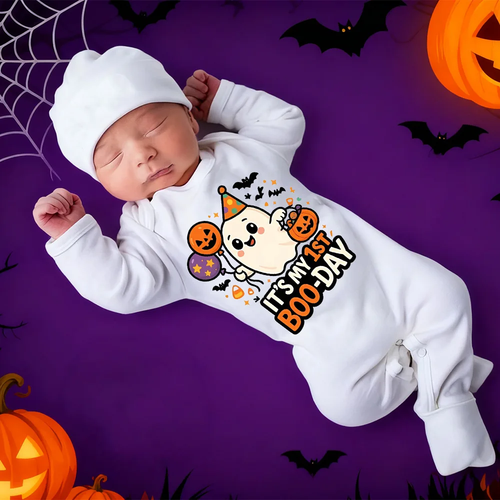

2025's My First Boo Day с принтом для новорожденных, теплый комбинезон для ног, белая пижама с длинными рукавами, одежда для новорожденных на Хэллоуин
