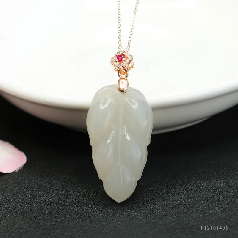 

S925 Silver Leaf Pendant Natural Hetian Jade Elegant Necklace HT2101406
