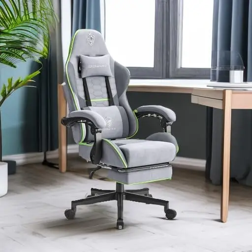 Gaming Chair Fabric with Pocket Spring Cushion, Massage Game Chair Cloth with Headrest, Ergonomic Computer Chair with Footrest 290LBS, Light Grey