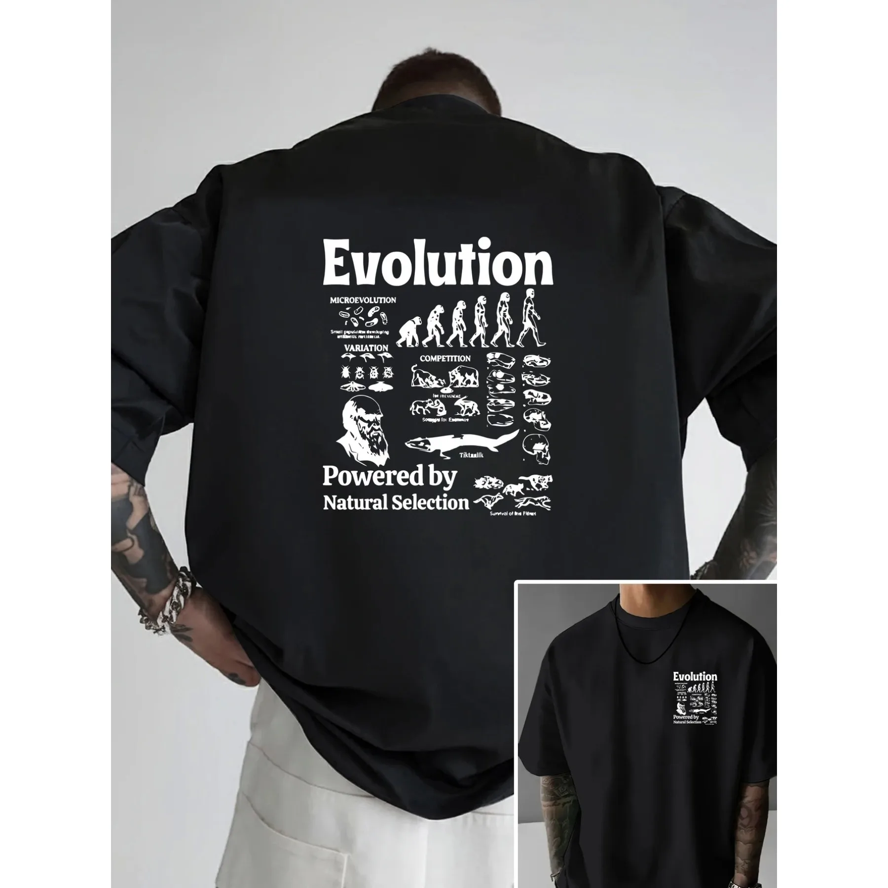 Evolution Darwin Natural Selection Graphic Tee Men's Loose Fit Cotton Drop Shoulder Casual T-Shirt