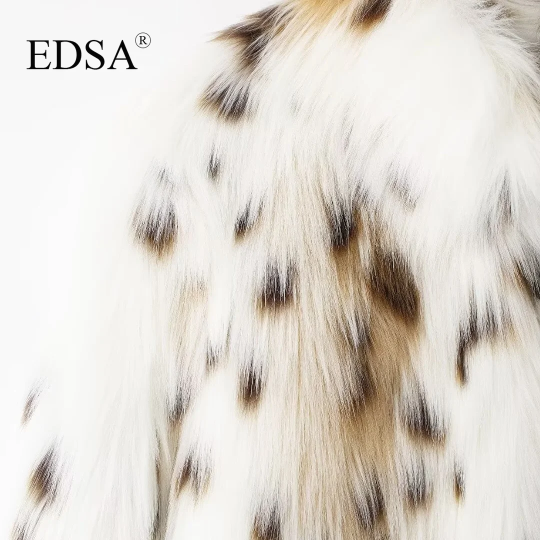 EDSA Women Luxury Faux Fur Jacket Leopard O-neck Full Sleeves Female Open Stitch Autumn Winter High Street Loose Warm Lady Coat