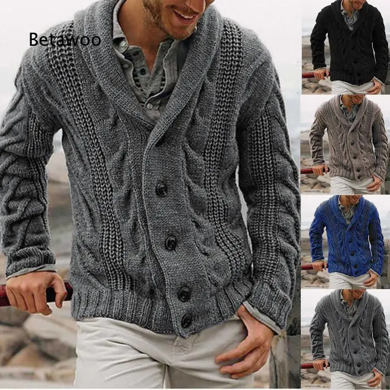 Men Shawl Collar Cable Knit Cardigan Thick Warm Casual Sweater Coat Daily Outerwear