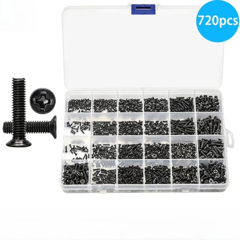 720pcs Carbon Steel Cross Self-tapping Screws Km Machine Thread Flat Tail Screw Computer Notebook Screws M1.4 M1.7 M2 M2.5 M3