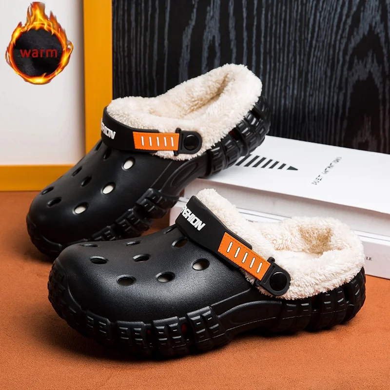 Men's Winter Clogs with Thick Soles, Non-Slip, Closed-Toe Slippers, Youth Indoor Fleece-Lined Warm Cotton Slippers