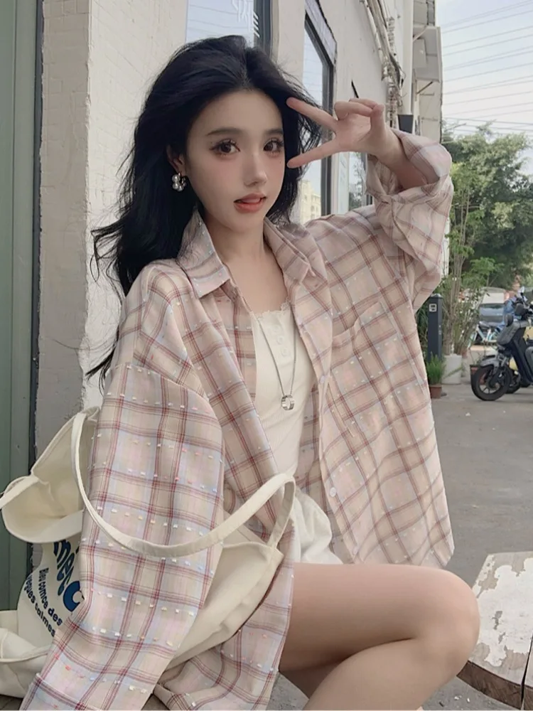 

plus Size Women's Summer Korean Style Plaid Shirt Jacket Loose Long Sleeve Lazy Sun Protection Top Women's Fashion Casual Wear