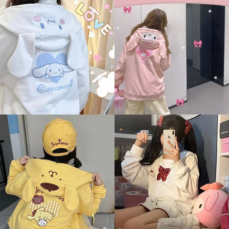 

Kawaii My Melody Hoodies Kuromi Cinnamoroll HelloKitty Cartoon Overcoat Casual Embroidered Zipper Hooded Cardigan Jacket Sweater