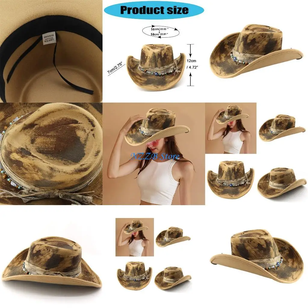 

T21F Stylish Cowboy Hats With Distressed Breathable Cloth Outdoor Event Photo Props