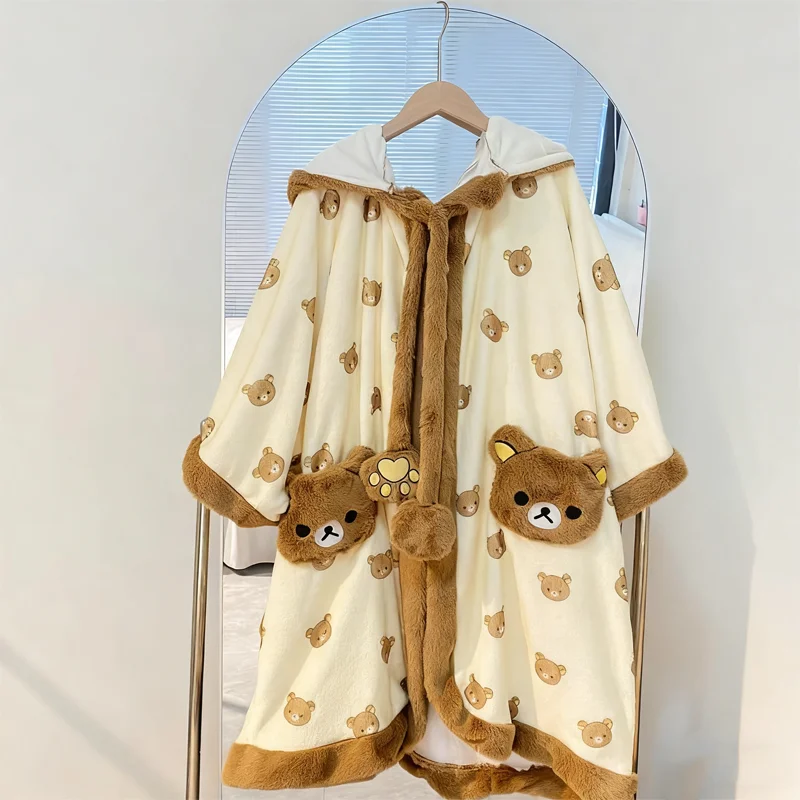 

Rilakkuma Women's Fleece-Lined Thickened Robe Coral Fleece Flannel Hooded Pajama Loungewear Set Festival Sleeping Robe And Pants