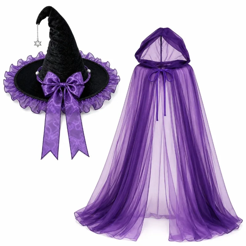 2pcs halloween witch hat cloak set hooded tulle cape party costume masquerade fancy dress accessory