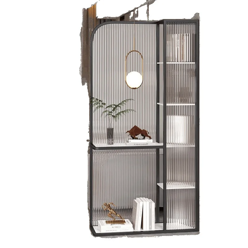

Entering the door, living room, entrance cabinet, screen, simple modern sofa, opposite door to the door, water pattern glass par