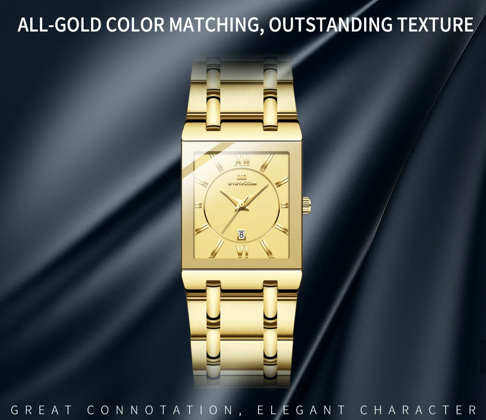 VA VA VOOM Relogio Masculino Watch Men Square Mens Watches Top Brand Luxury Golden Quartz Stainless Steel Waterproof Wrist Watch