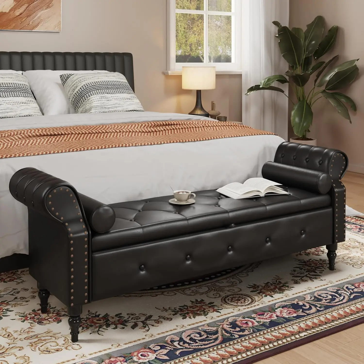 65 Inch Upholstered Storage Bench Bedroom King Bed Foot Chest Rolled Arms Nailhead Trim Window Seat Faux Leather, Customized
