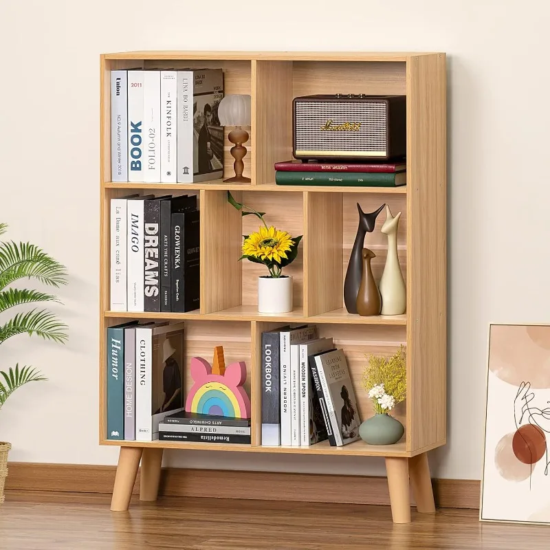 Wooden 7 Cube Book Shelf, Natural 3 Tier Bookshelf with Legs, Modern Open Storage Organizer,Boho Bookcase,Display Cabinet Shelf