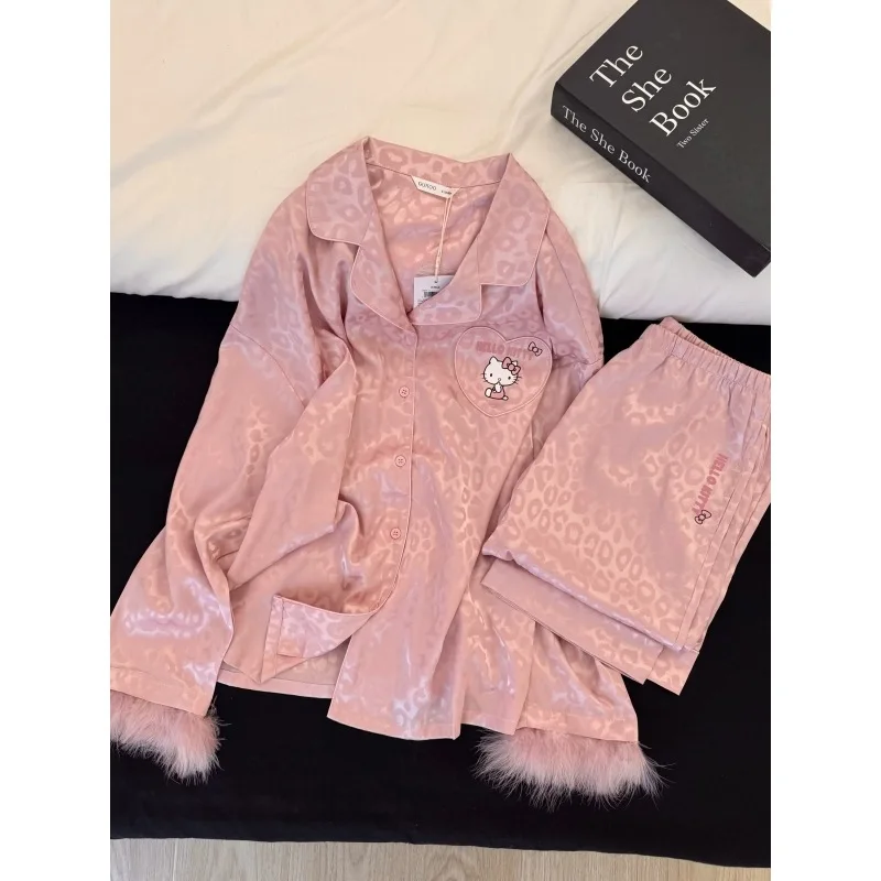 Sweet and Cartoon Kitty Leopard Jacquard Cute Girl Pink Pajama Women's Spring and Autumn Loose Home Clothes Set