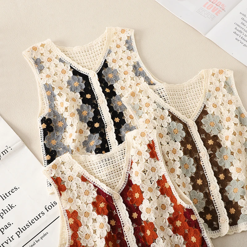 Women's Summer Hollow Out Crochet Knit Vest Boho Style Sweet Floral Sleeveless Jacket Coat Button-Up Short Cardigan Cover Up Top