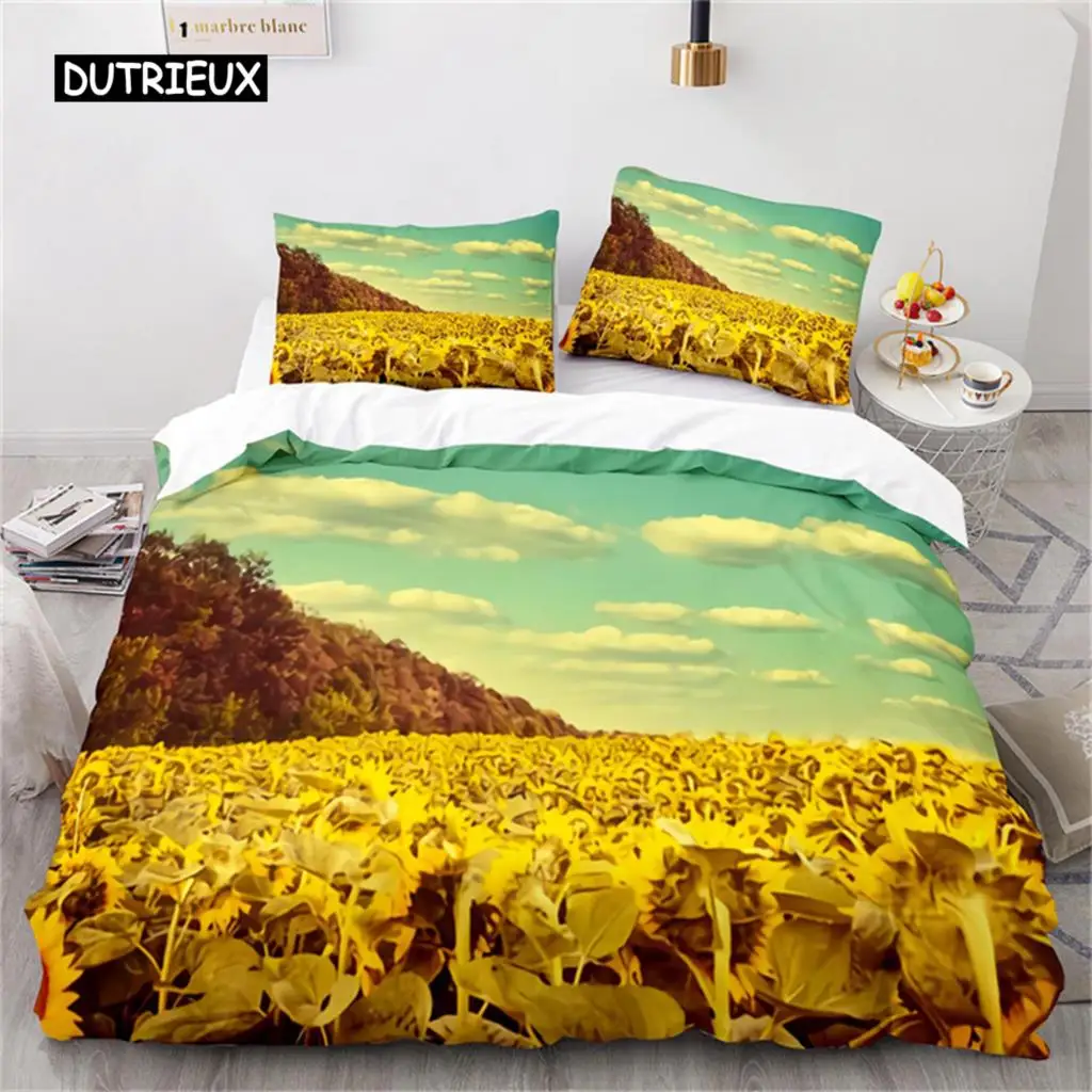 Duvet Cover 3D Sunflower Botanical Floral Leaves Comforter Cover  For Kids Women Microfiber Yellow Flowers Bedding Set Bedroom