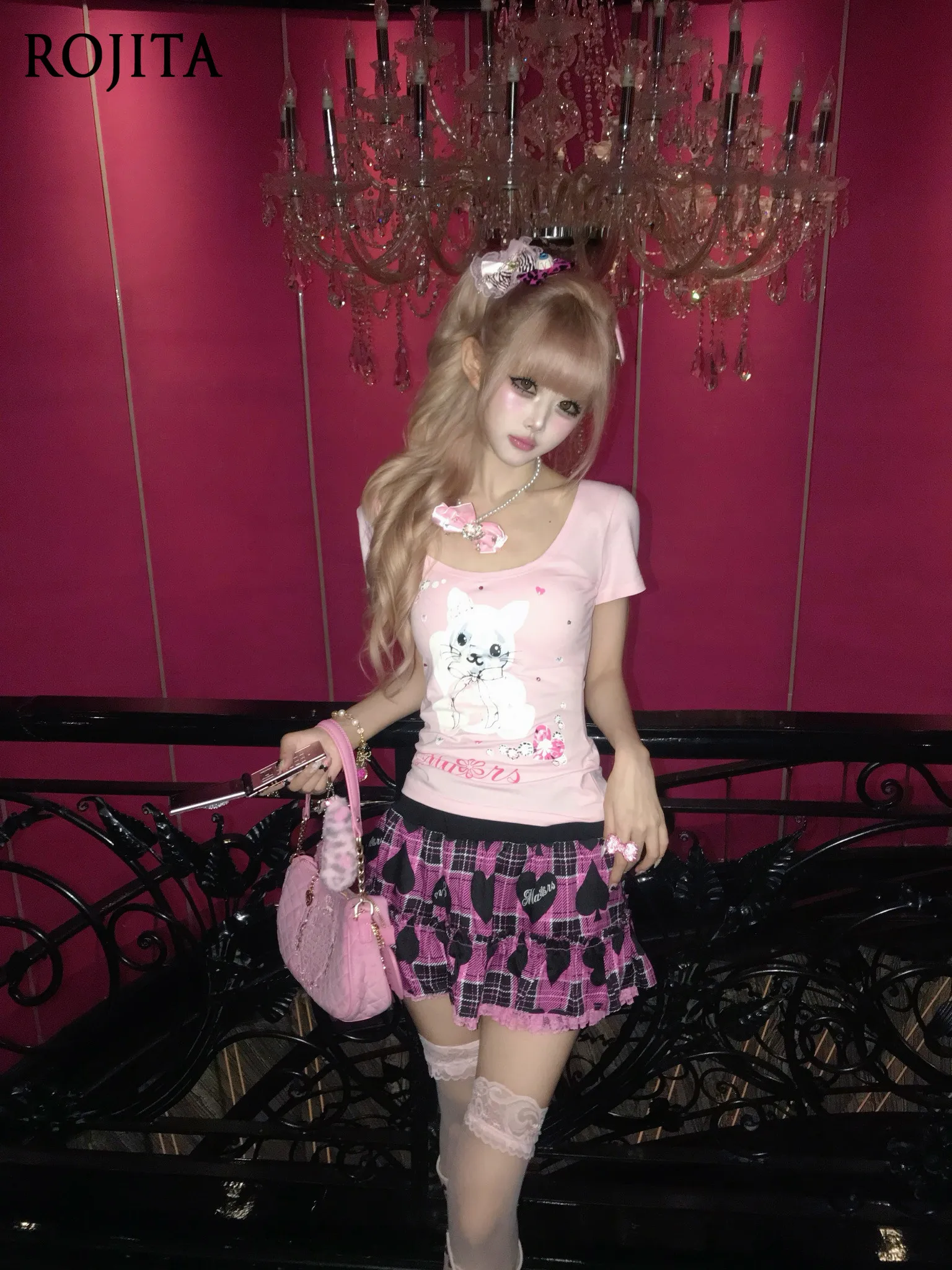 Kawaii Y2K Tiered Ruffle Skirt Pink‑Black Plaid Playing‑Card Print Elastic Waist Pink Lace Hem Harajuku Streetwear Mini Skirt