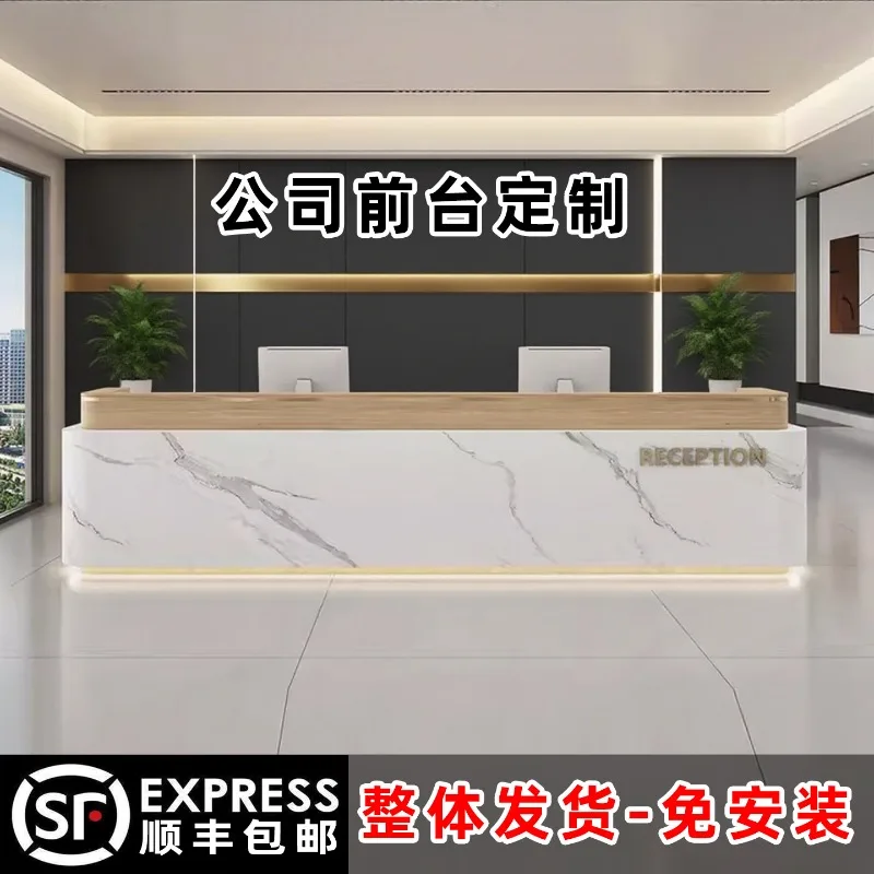 Modern minimalist company front desk, reception counter, hotel lobby service bar, marble lacquered bar table, custom table