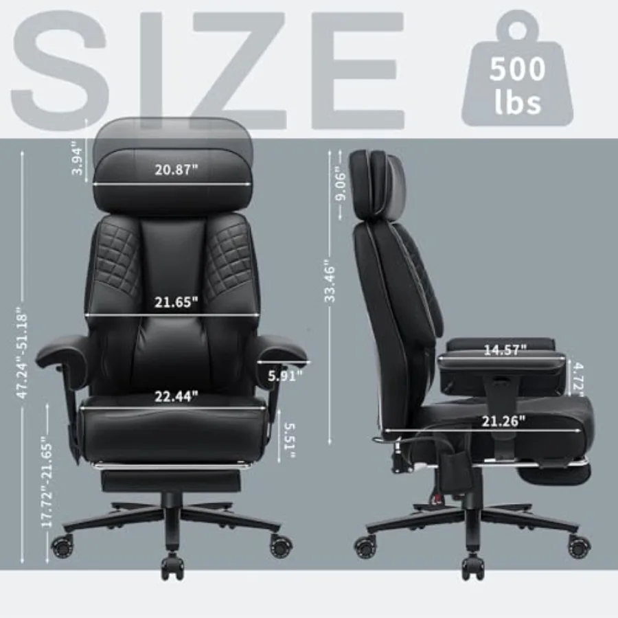 Big and tall office chair for heavy-duty use, steel frame, black, supports up to 500lbs with adjustable lumbar support