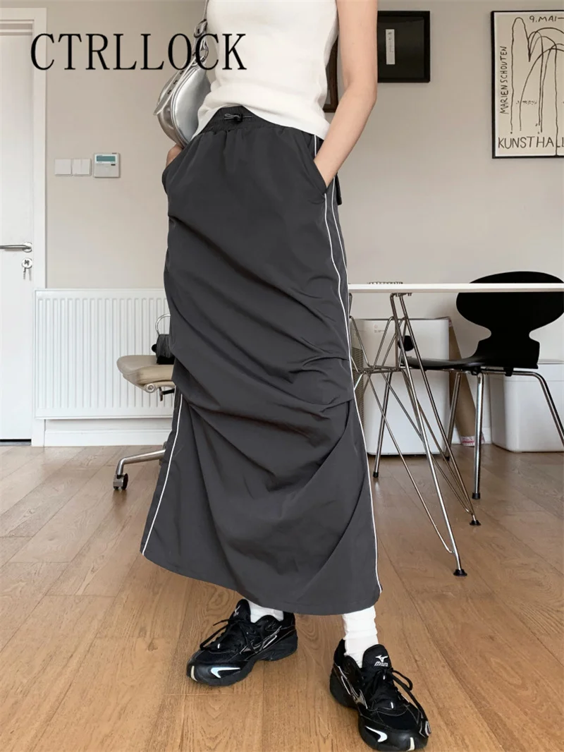 

CTRLLOCK New Pleated Split Elastic Waist Shirring Skirt Women Ankle-length Drawstring Tactics Techwear Skirts