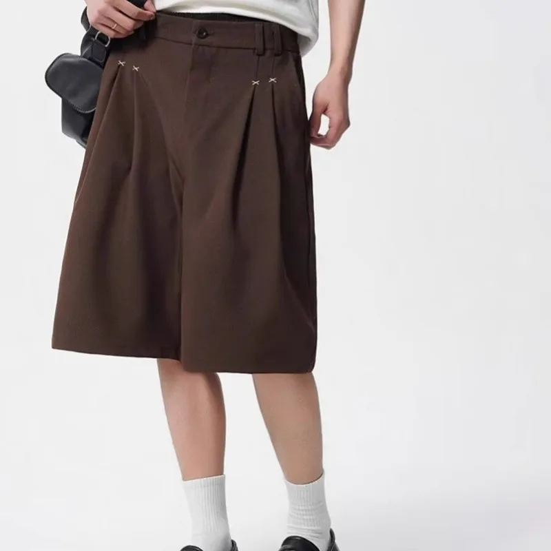 

KIDWHXR Summer Men Knee-length Pant Vintage Pleated Male Suit Shorts Loose Straight Simple Breathable Versatile Man Shorts