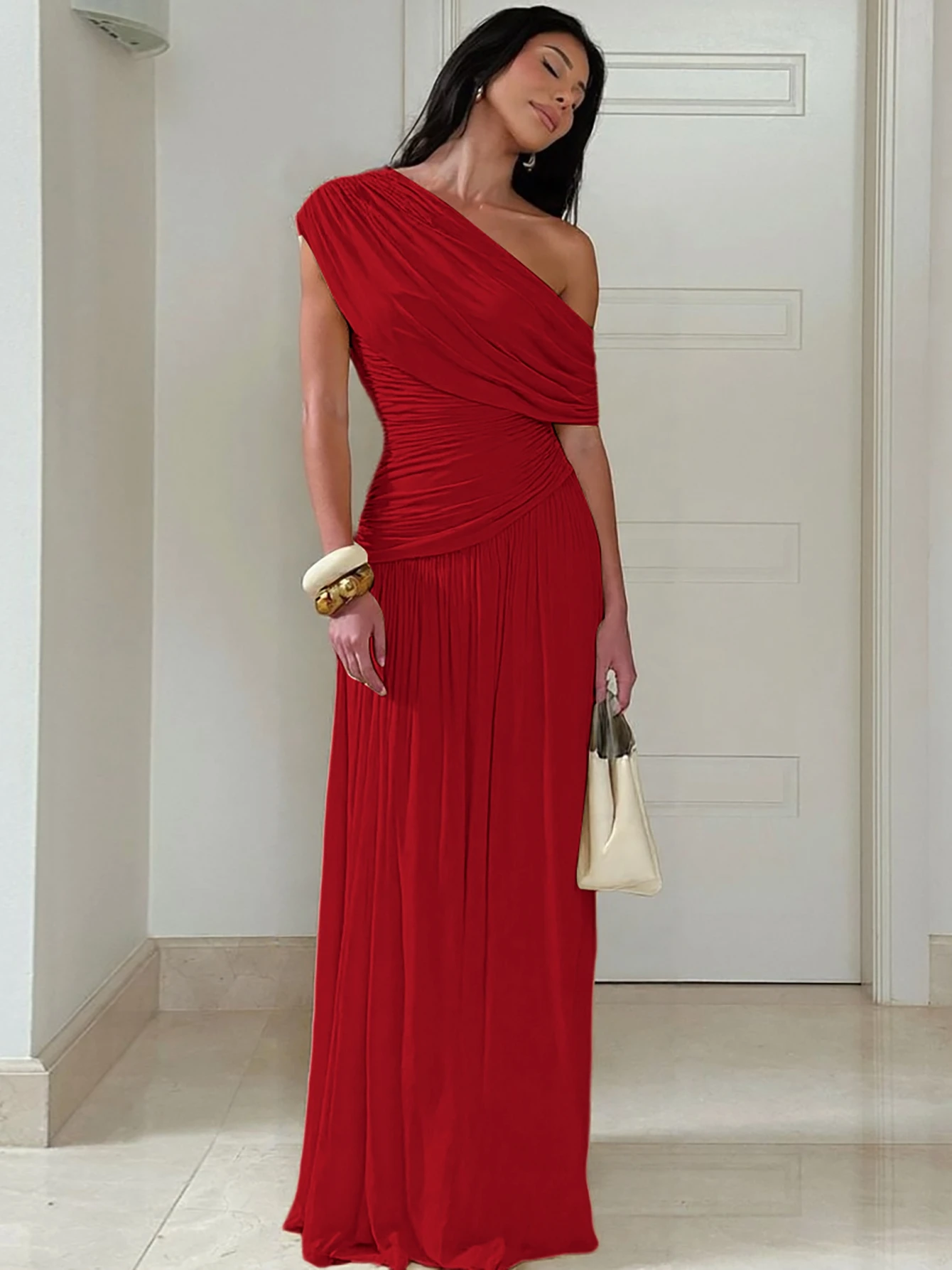 Hugcitar Een Schouder Ruches Mouwloos Effen Geplooid Sexy Onregelmatige Y2K Maxi Jurk Zomer Elegant Party Vrouwen Kleding Vakantie