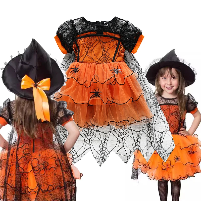 

Halloween Girls Spider Mesh cloak Dress Orange Witch Cosplay Toddler Lace Princess Dress Party Fancy Costume Hat Broom Outfits