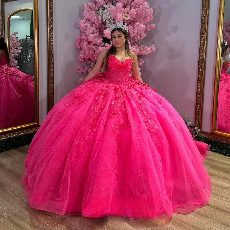

Блестящие розово-красные платья Quinceanera с открытыми плечами, кружевные бусины принцессы с аппликацией и кристаллами, тюль, милое платье 16, Vestidos 15 De