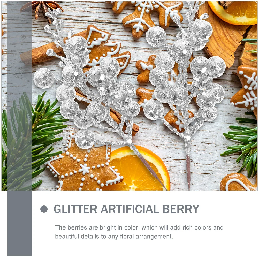

12 Pcs Christmas Glitter Picks Berries Stems Ornament Artificial Berry Party Decoration