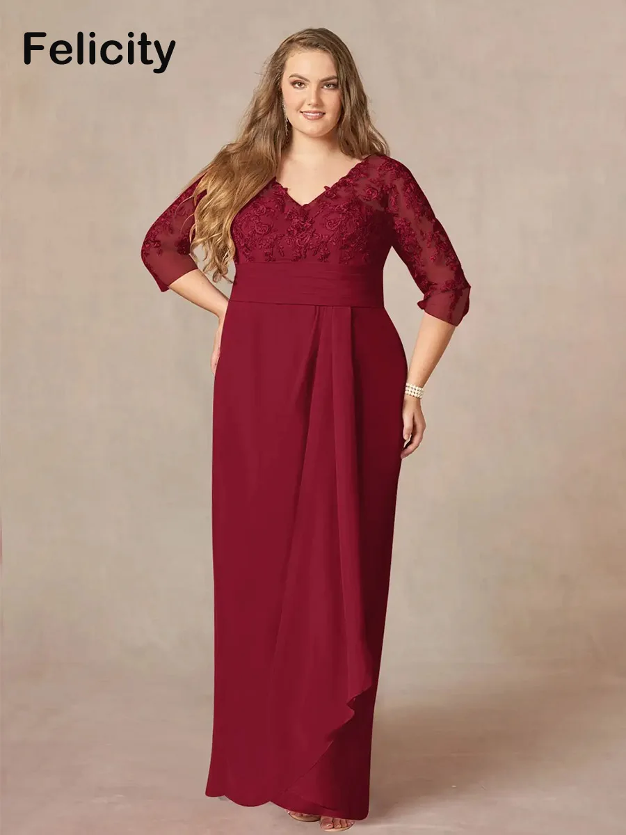 

Plus Size Mother of the Bride Dresses 2023 Sheath V-neck Chiffon Floor-Length Pleat Wedding Party Dresses Robes Invitée Mariage