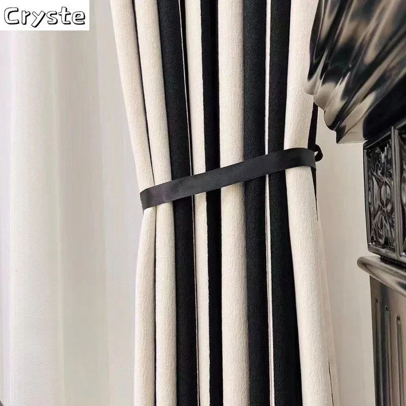Vertical Stripe Black White Chenille Curtains for Living Room Bedroom Jacquard Luxury High-end Art Studio Modern Blackout Custom