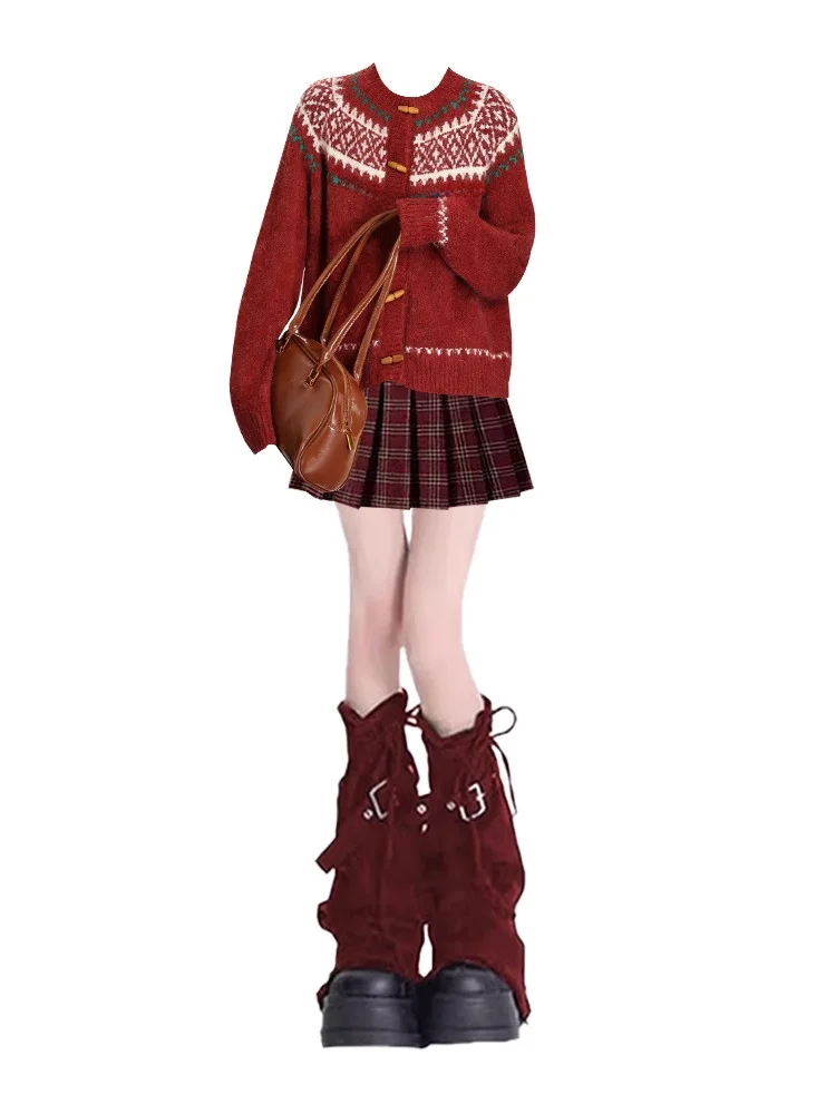 Cisas Fair Isle Knitted Sweater And Skirt Set Women's College Sle Small Plaid Winter Aosphere Feeling round Ne Sweater