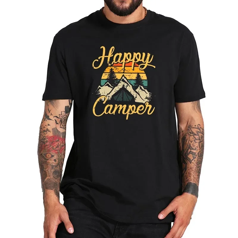 Vintage Tshirt Soft Breathable Summer Tops Tshirt 100% Cotton EU Size Happy Camper Camping T Shirt Cartoon 2024 New Arrival