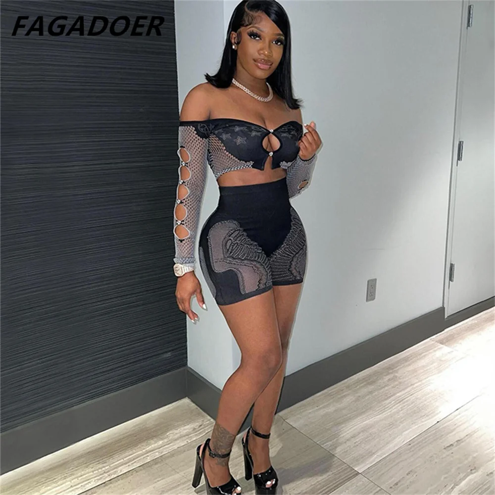 FAGADOER Sexy Thick Lace Hollow Bodycon Two Piece Sets Women Off Shoulder Long Sleeve Crop Top And Shorts Outfit Female Clothing