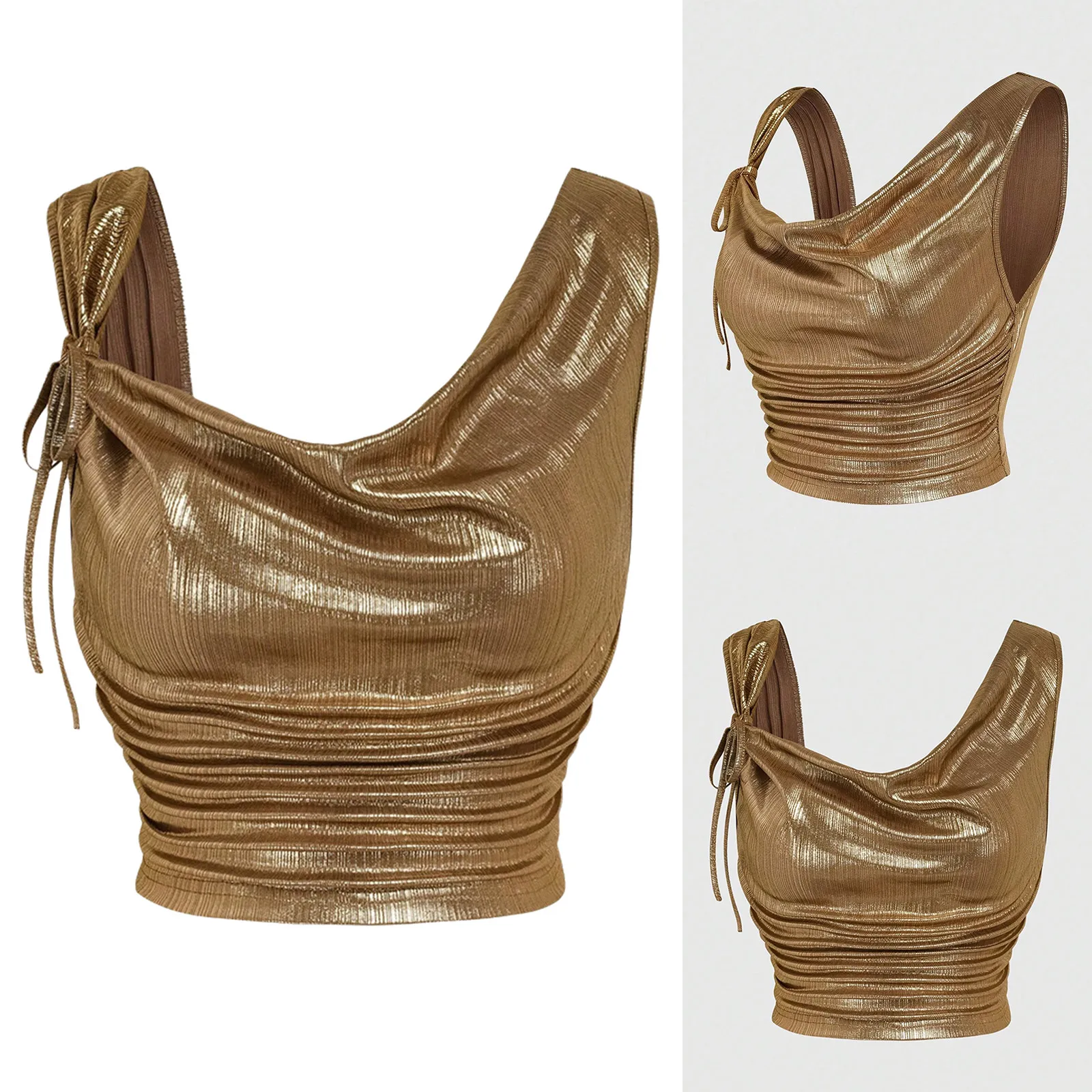 

Women Party Club Metallic Shiny Crop Top Sleeveless Tie Front Asymmetrical Shoulder Straps Ruched Tank Tops Festivals Crop Vest
