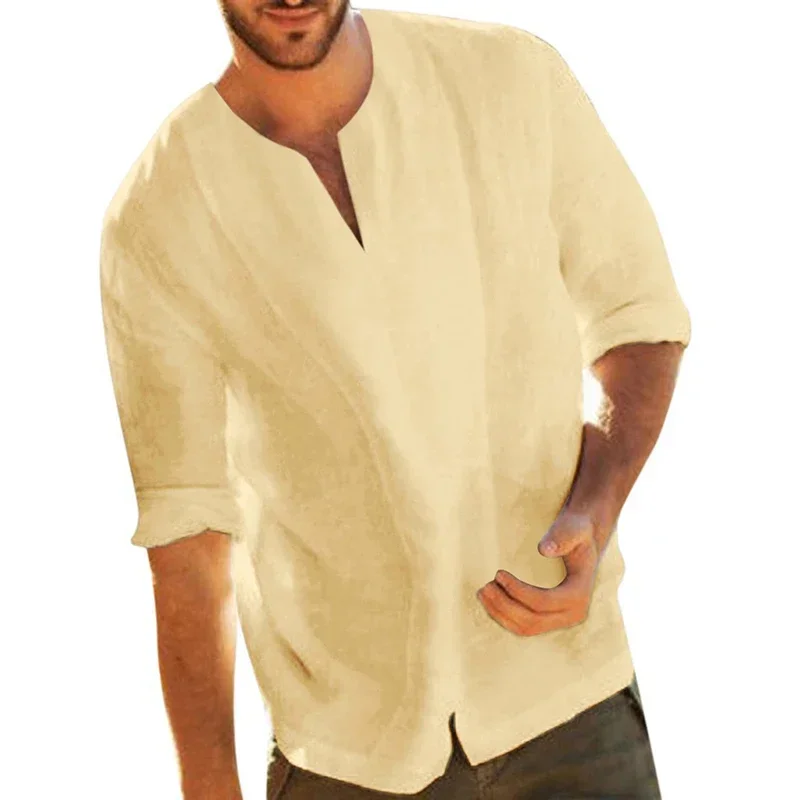 

2024 Summer Solid Color Casual Men's Tops Shirt Half Sleeve V-neck Design Shirt Fashion Male Clothing