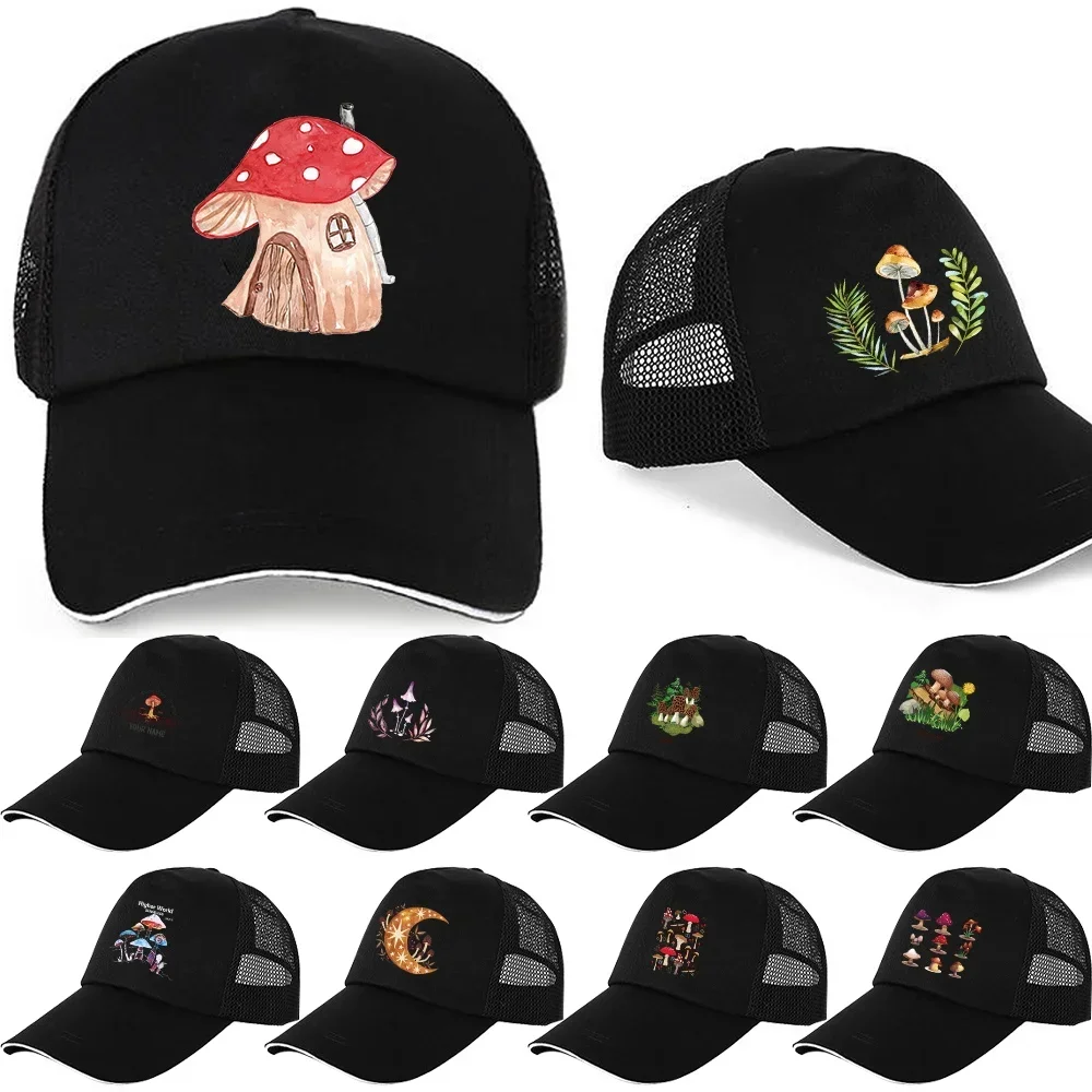 Mesh Baseball Cap Summer UV-proof Women Men Snapback Label Stick Sunhat Outdoor Breathable Hip Hop Baseball Hat Mushroom Print