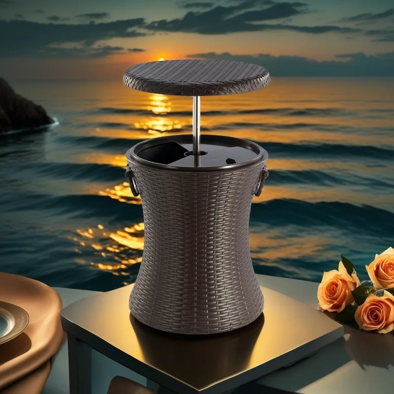 Outdoor Rattan Ice Bucket Table Insulated Cooler Patio Pool Party Drink Lifting Side Table Poolside Side Table